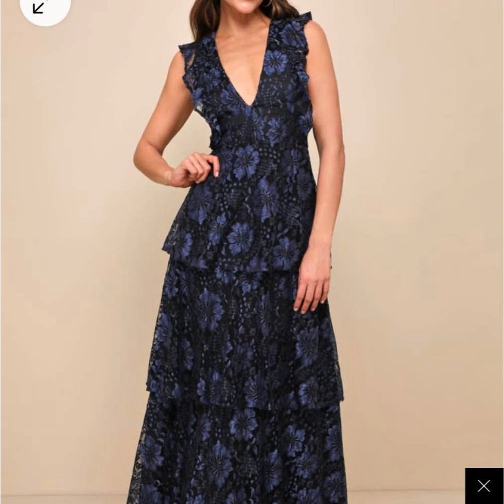 Lulu's Molinetto Navy Blue Lace Ruffled Tiered
Sleeveless Maxi Dress